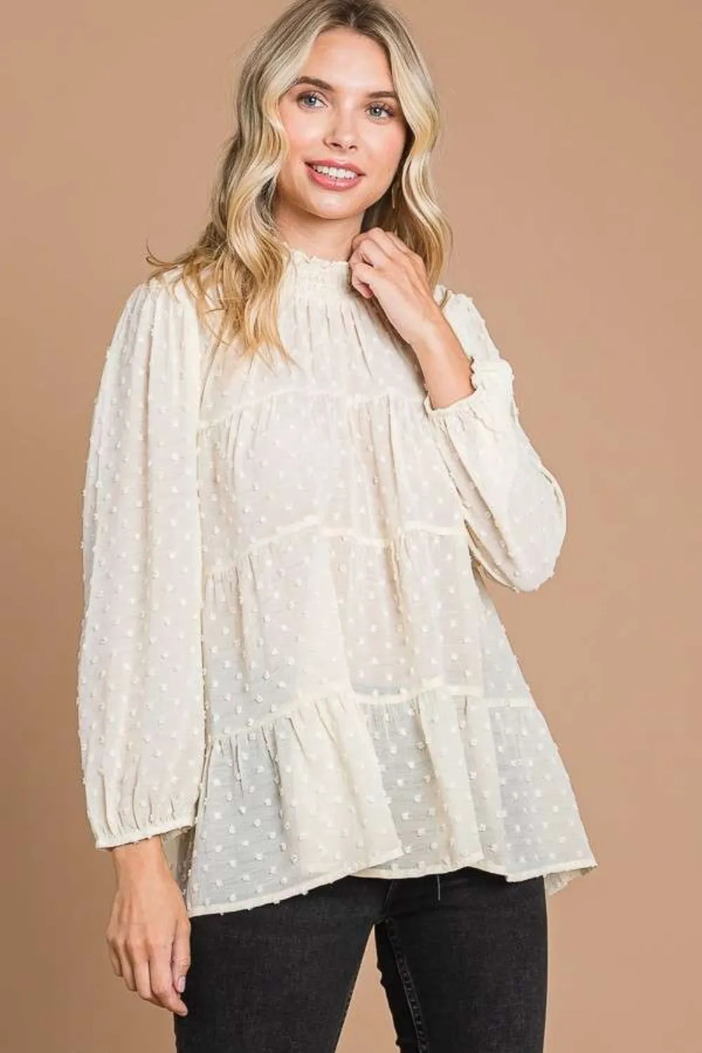 Culture Code Full Size Swiss Dot Smocked Mock Neck Blouse Plus Size
