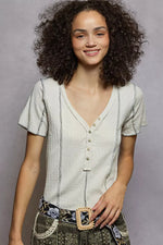 POL V-Neck Short Sleeve Top with Stitch Seam Detail