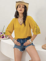 V-Neck Lace Three-Quarter Sleeve Top