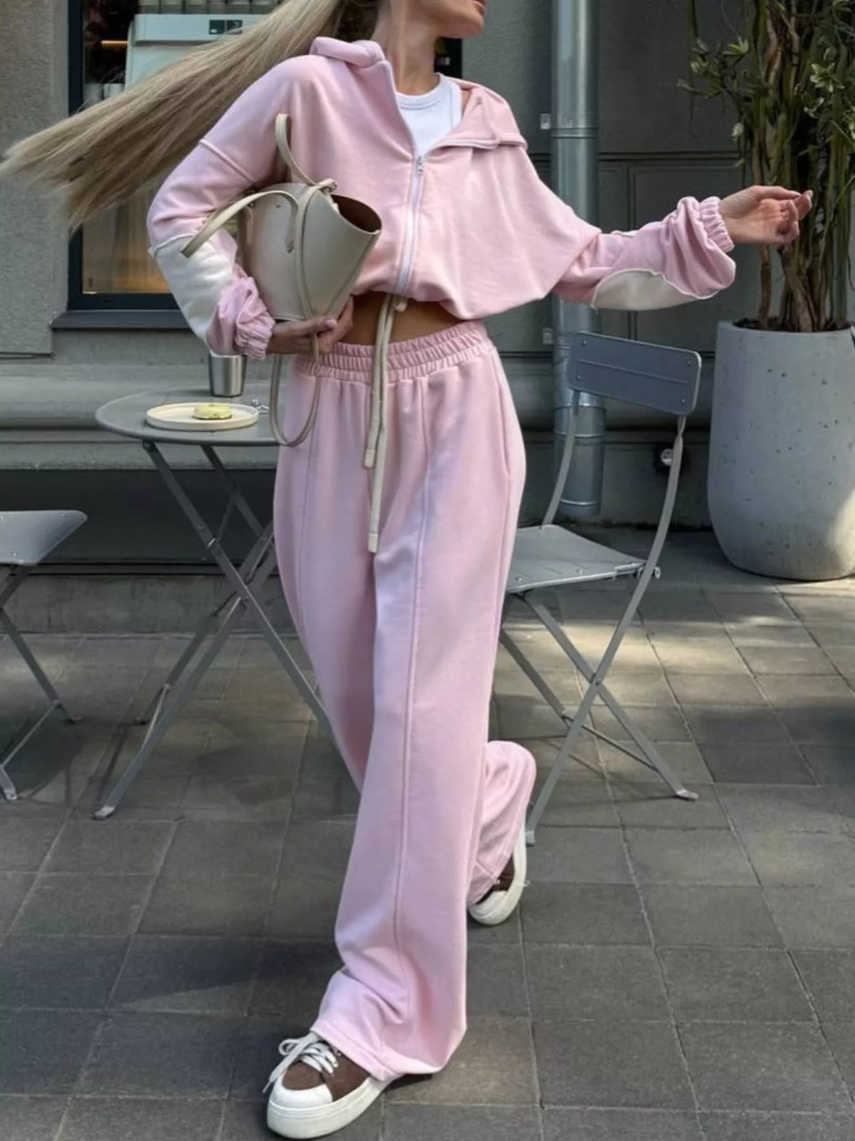 Zip Up Hoodie and Wide-Leg Pants Set