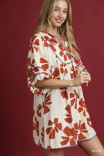 Umgee Two Tone Floral Tie-Neck Babydoll Dress