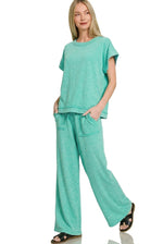 Zenana Washed Slub Short Sleeve Tee & Long Pants Set
