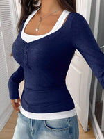 Scoop Neck Long Sleeve Fake Two-Piece T-Shirt