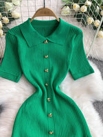 Button Front Ribbed Knit Midi Dress