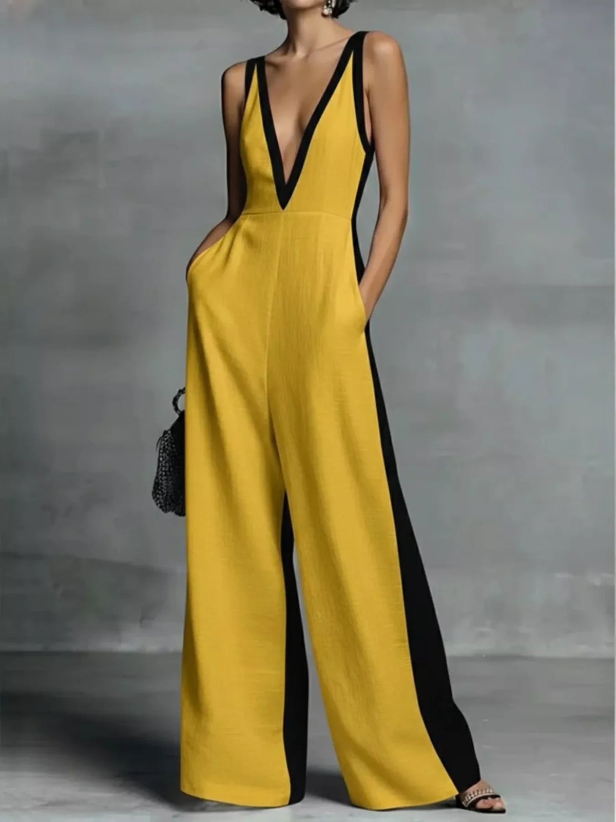 Deep V-Neck Wide-Leg Jumpsuit with Contrast Trim