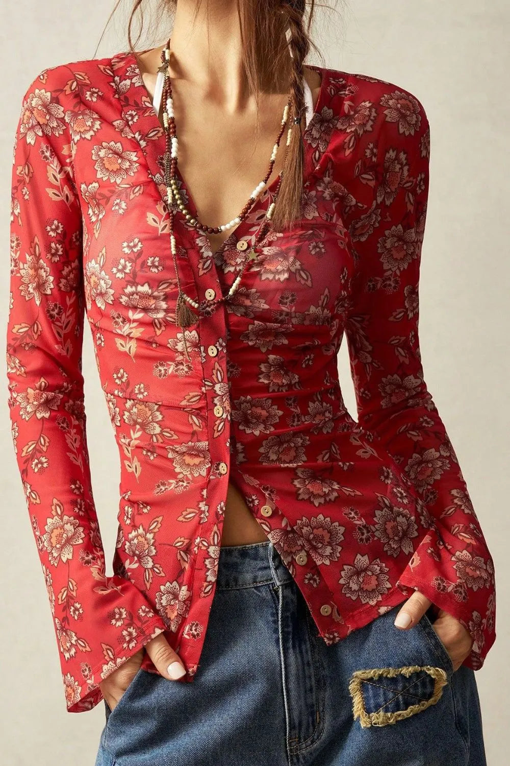 FloralButton-Front Shirt with Bell Sleeves