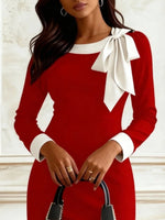 Bowknot Contrast Trim Long Sleeve Dress