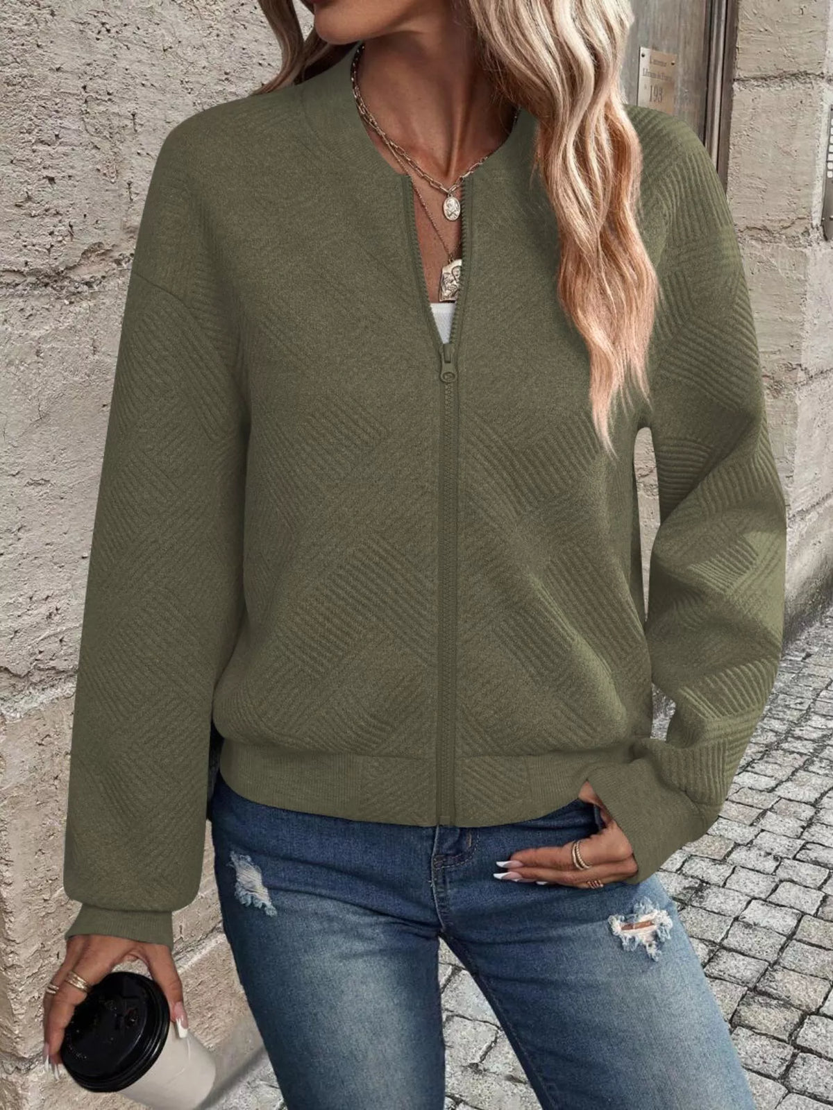 Texture Zip-Up Bomber Jacket