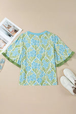 Floral Print Ruffled Color Block Trim Half Sleeve Blouse