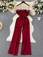 Feather Trim Strapless Wide Leg Jumpsuit