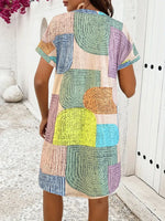 Geometric V-Neck Short Sleeve Button-Front Dress