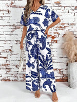 Printed V-Neck Top and Wide Leg Pants Set