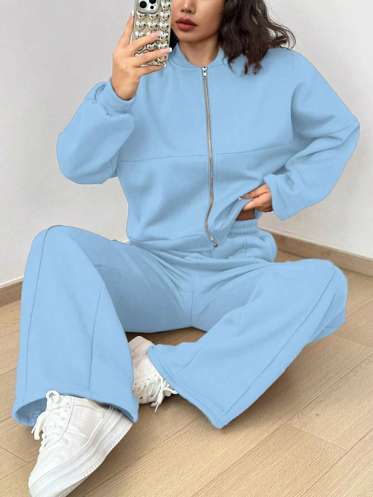 Casual Solid Color Zipper Jacket and Wide Leg Pants Set
