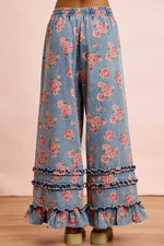 BiBi Washed Floral Denim With Ruffle Elastic Wide Pants
