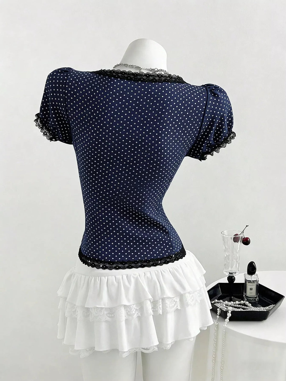 Polka Dot Lace Trim Puff Sleeve Top