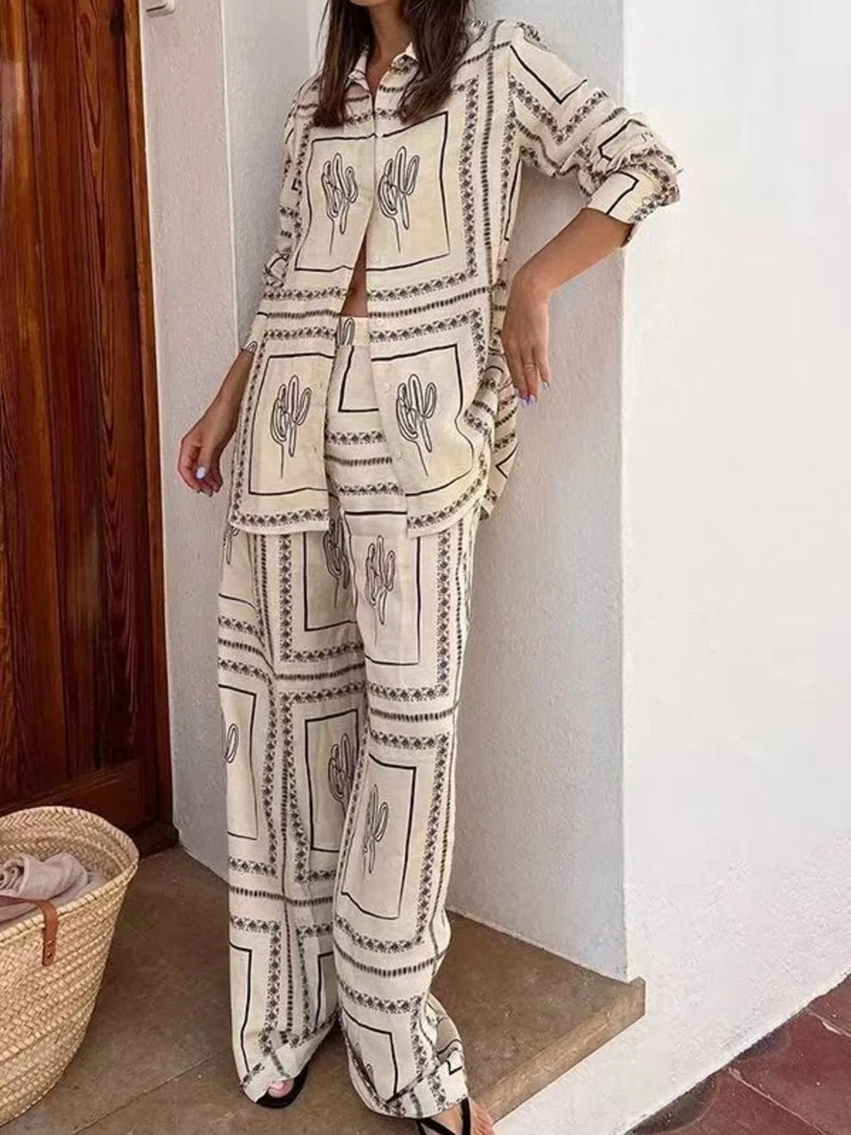 Printed Button Up Shirt and Pants Set