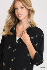 Umgee Linen Blend Fitted Shirt with Ribbon Embroidery Details
