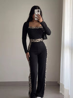 Leopard Trim Long Sleeve Jumpsuit