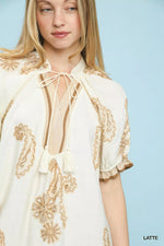 Umgee Paisley Embroidered Short Puff Sleeve Top