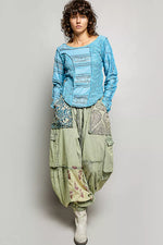 POL Round Neck Long Sleeve Exposed Seam Top with Lace Detail