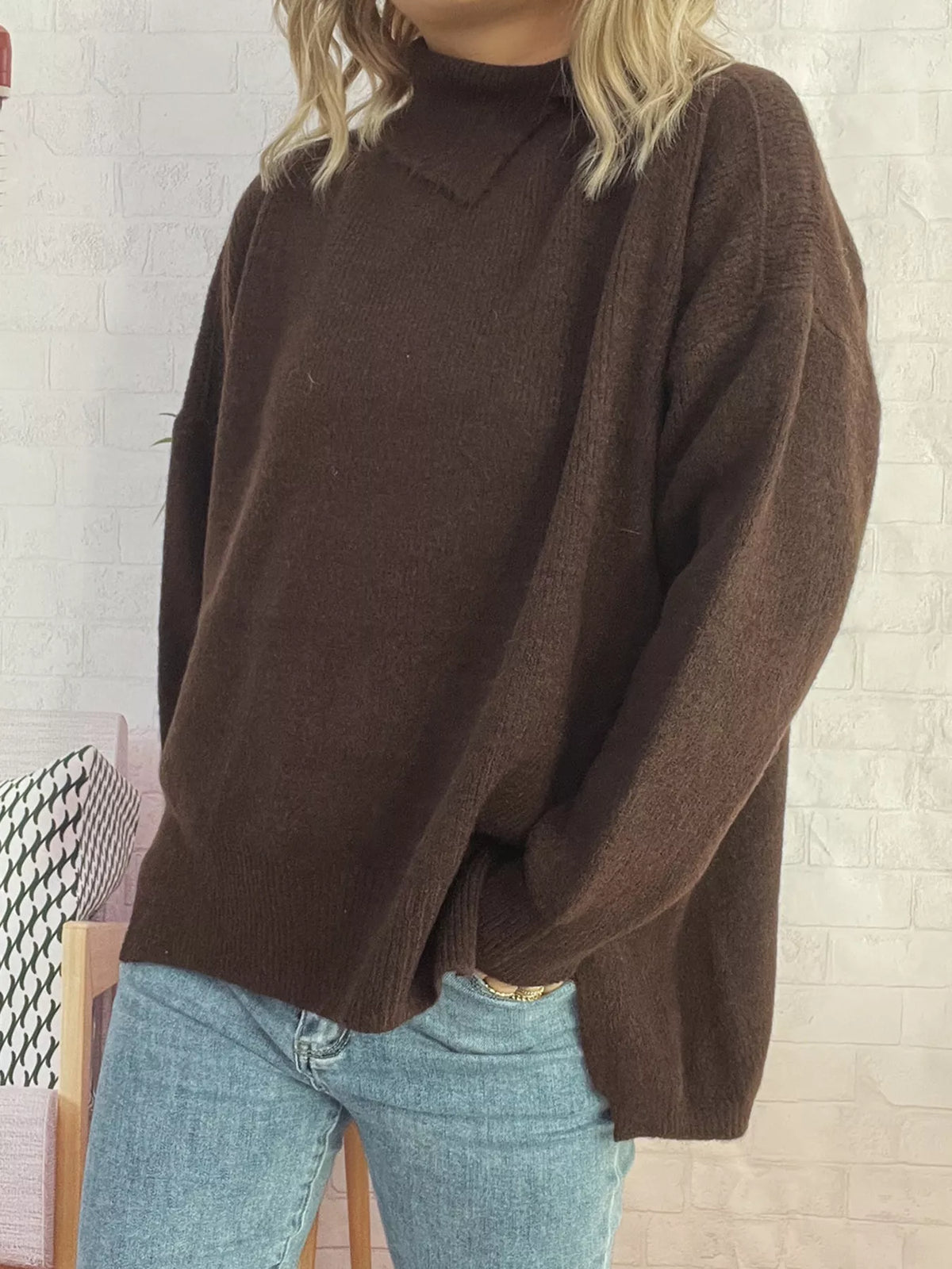 Slit Turtleneck Long Sleeve Sweater