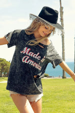 BiBi Laser Cut Mineral Washed America Print Top