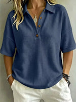 Full Size Waffle Knit Polo Top with Button Detail Plus Size