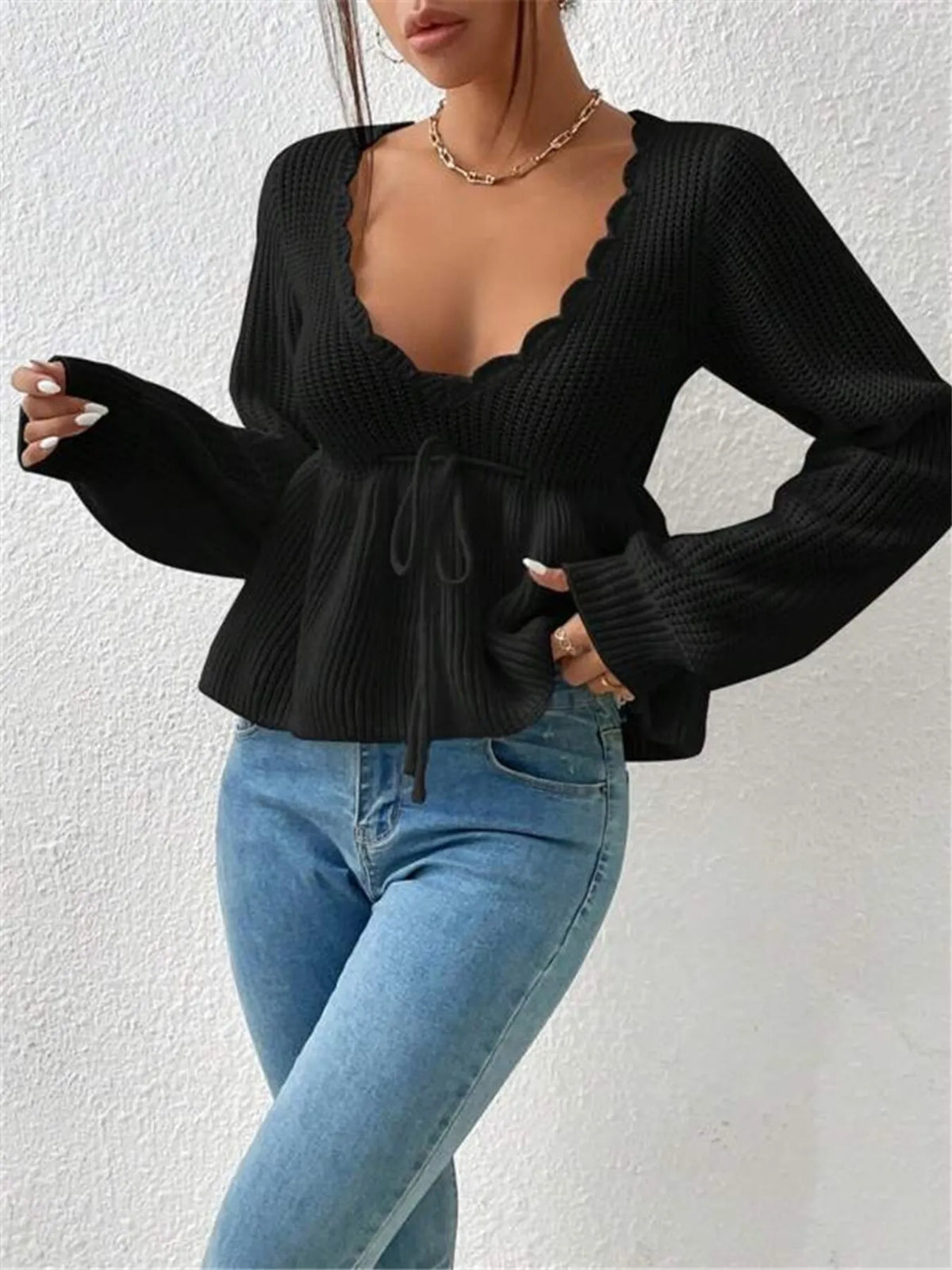 Scalloped V-Neck Drawstring Knit Top