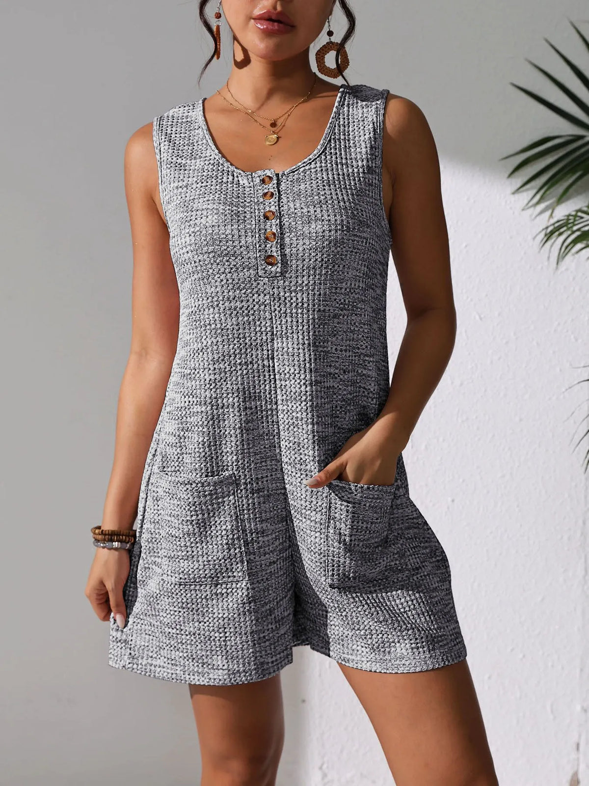 Full Size Button Front Romper with Pockets Plus Size