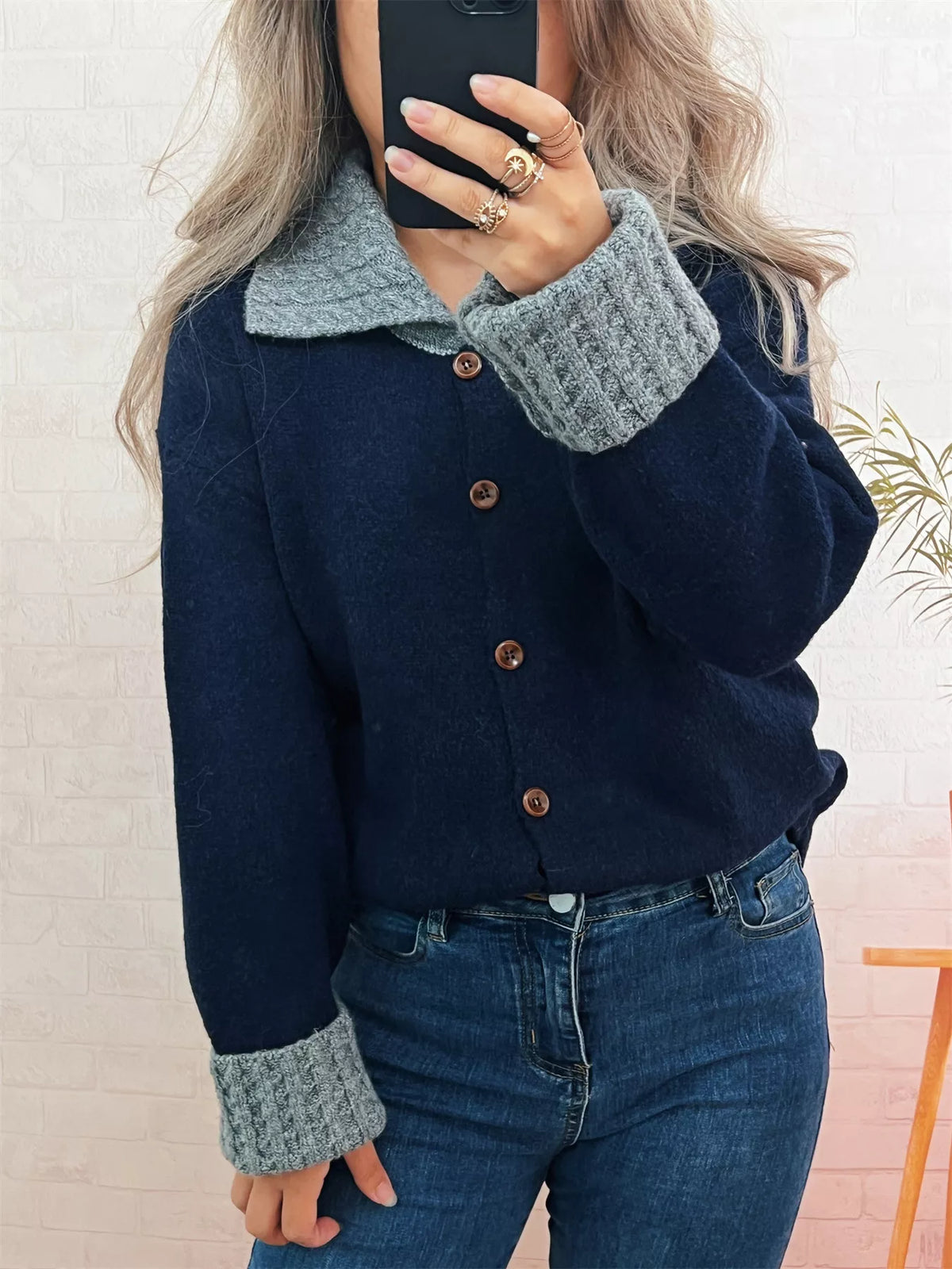 Striped Knit Button Down Cardigan with Collar
