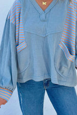 Striped Long Sleeve V-Neck Oversized Sweatshirt