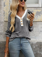 Striped Button Detail Long Sleeve T-Shirt