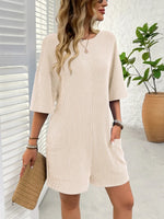 Backless Textured Round Neck Half Sleeve Romper