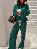 Round Neck Top and Stripe Detail Drawstring Pants Set