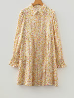 Floral Print Frilly Trim Smocked Cuff Long Sleeve Loose Shirt Dress