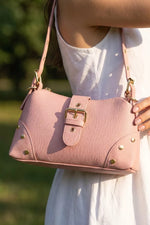 Fame Studded Saffiano Buckle Strap Shoulder Bag