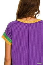 Zenana Mardi Gras Raised Rib Contrast Trim Top