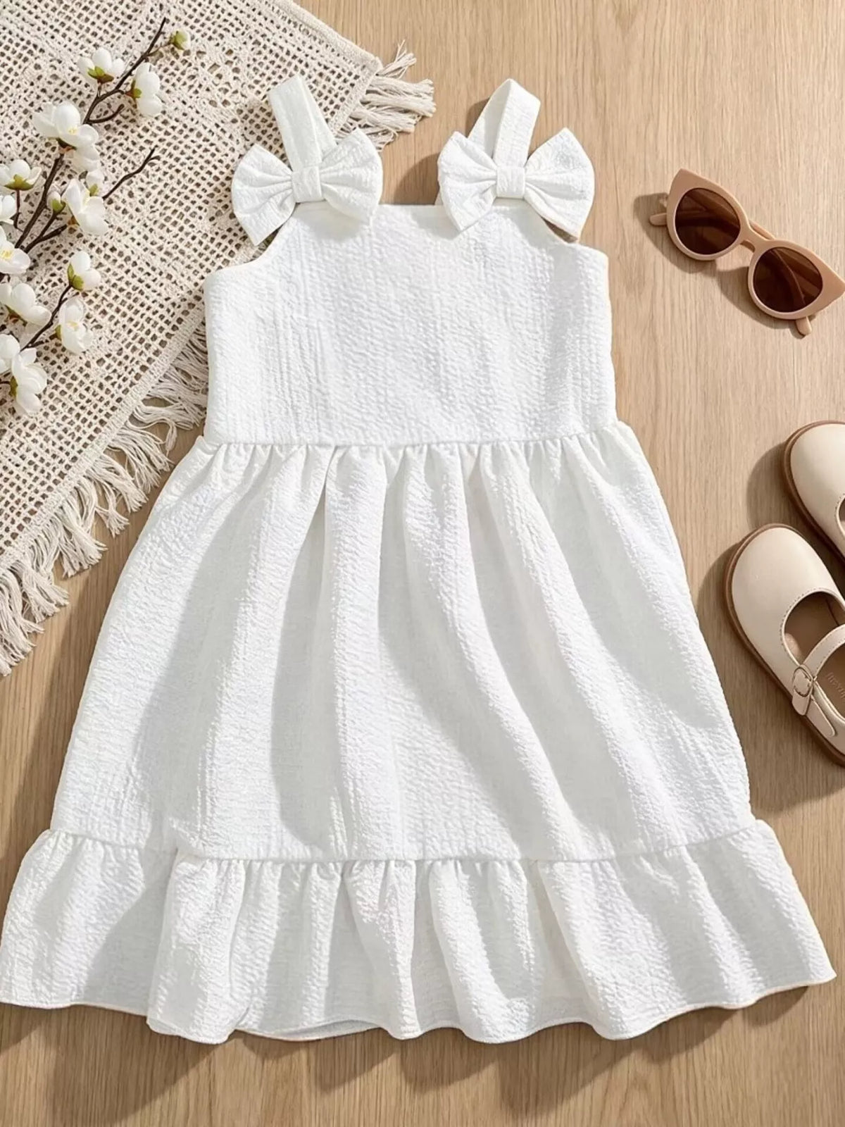 Children's Bowknot Decor Ruffle Hem Sleeveless Dress