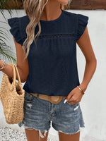 Eyelet Round Neck Cap Sleeve Top
