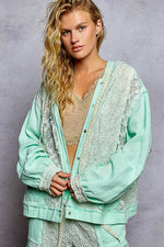 POL Exposed Seam Button Down Hooded Jacket with Lace Detail