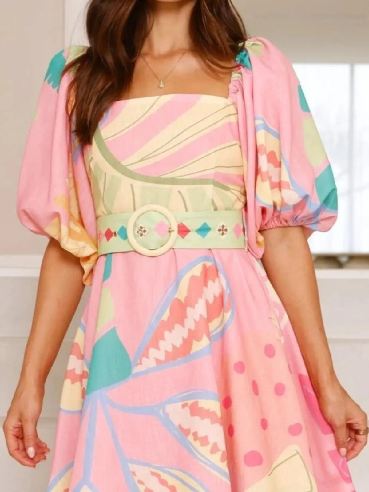 Printed Square Neck Puff Sleeve Dress