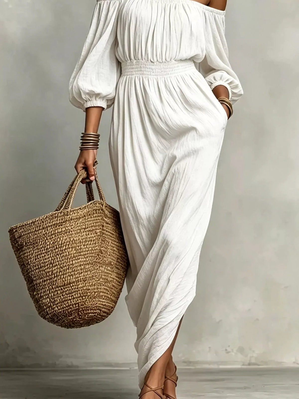 t Off-Shoulder Smocked Waist Maxi Dress