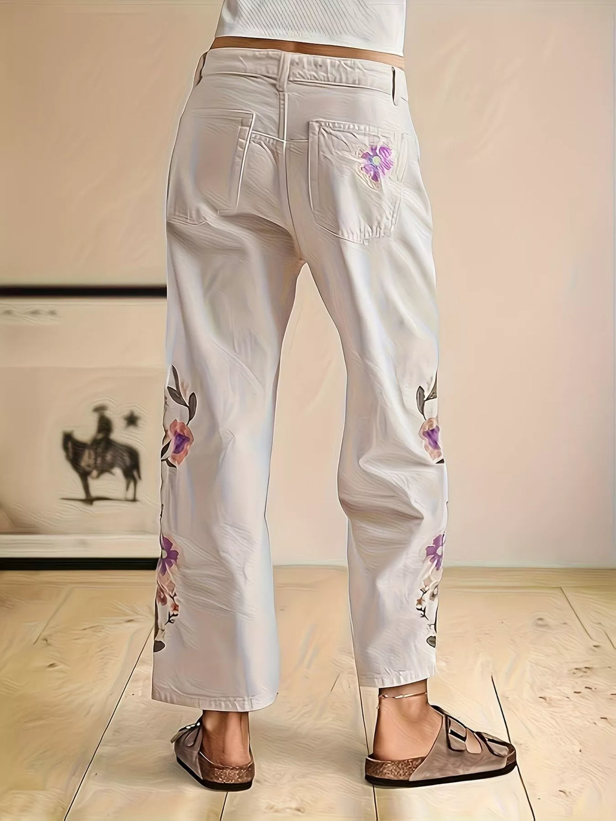 Embroidered Floral Wide-Leg Jeans