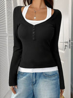Scoop Neck Long Sleeve Fake Two-Piece T-Shirt