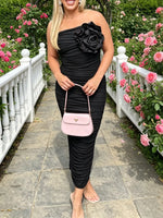 Flower Ruched Tube Bodycon Midi Dress