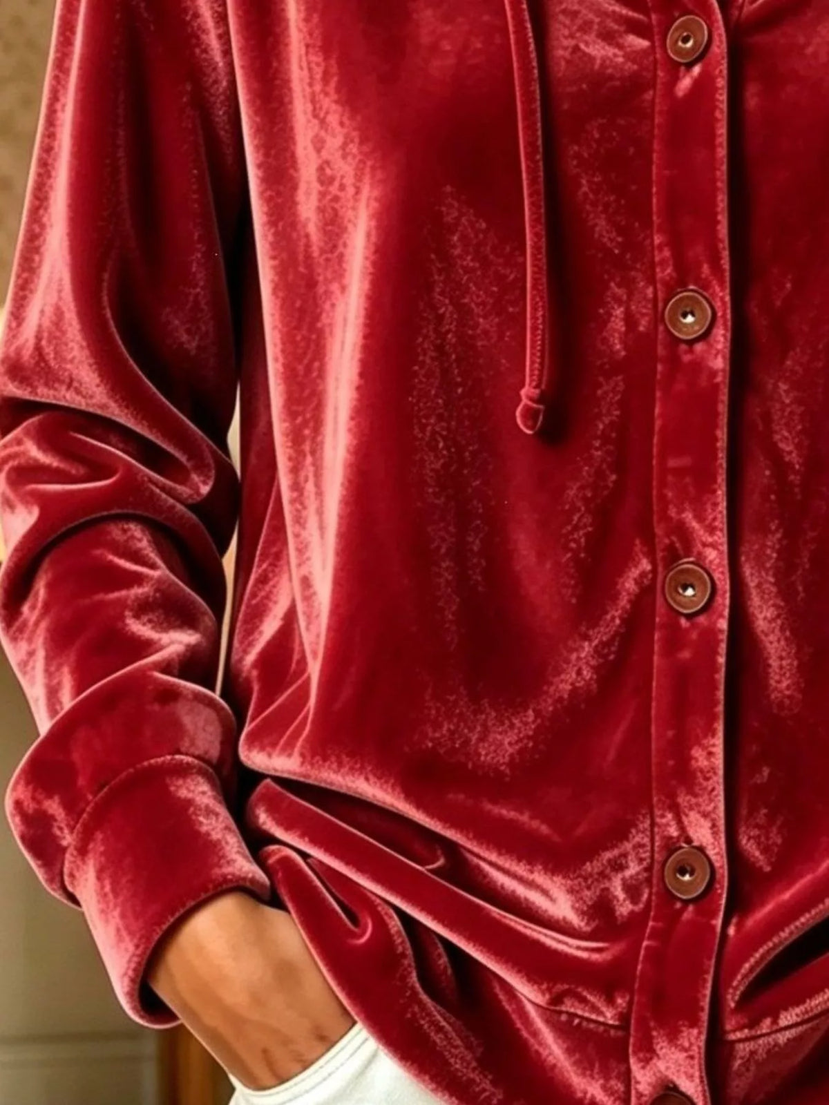 Full Size Velvet Button-Down Hooded Top Plus Size