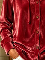 Full Size Velvet Button-Down Hooded Top Plus Size