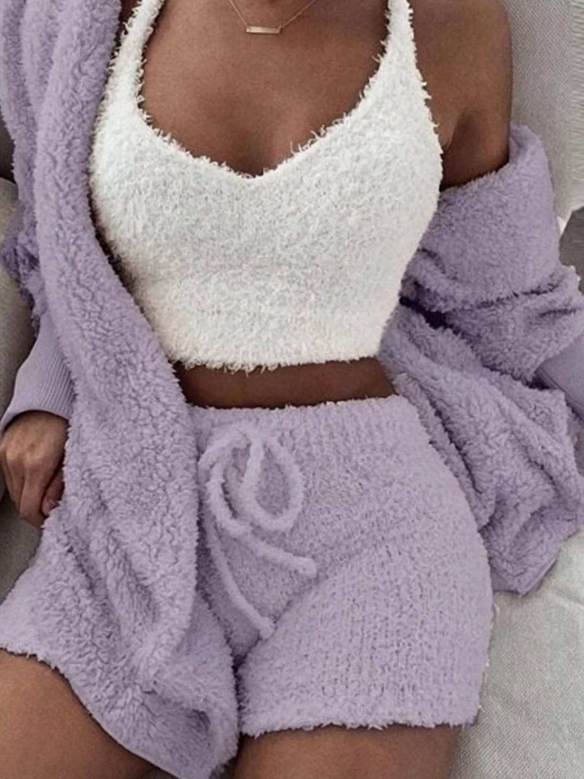 Full Size 3-Piece Fuzzy Plush Cardigan and Shorts Lounge Set with Crop Top Plus Size