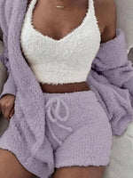 Full Size 3-Piece Fuzzy Plush Cardigan and Shorts Lounge Set with Crop Top Plus Size