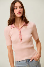 SO ME Contrast Collar Stretchy Rib Knit Short Sleeve Top